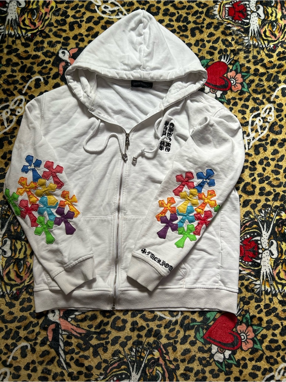 Chrome Hearts White Zip-Up Hoodie with Multicolor Cross Appliqués